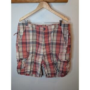 L.L.Bean Mens Cargo Shorts Plaid Madras Coral Pink Blue Cotton Heavy Duty 38